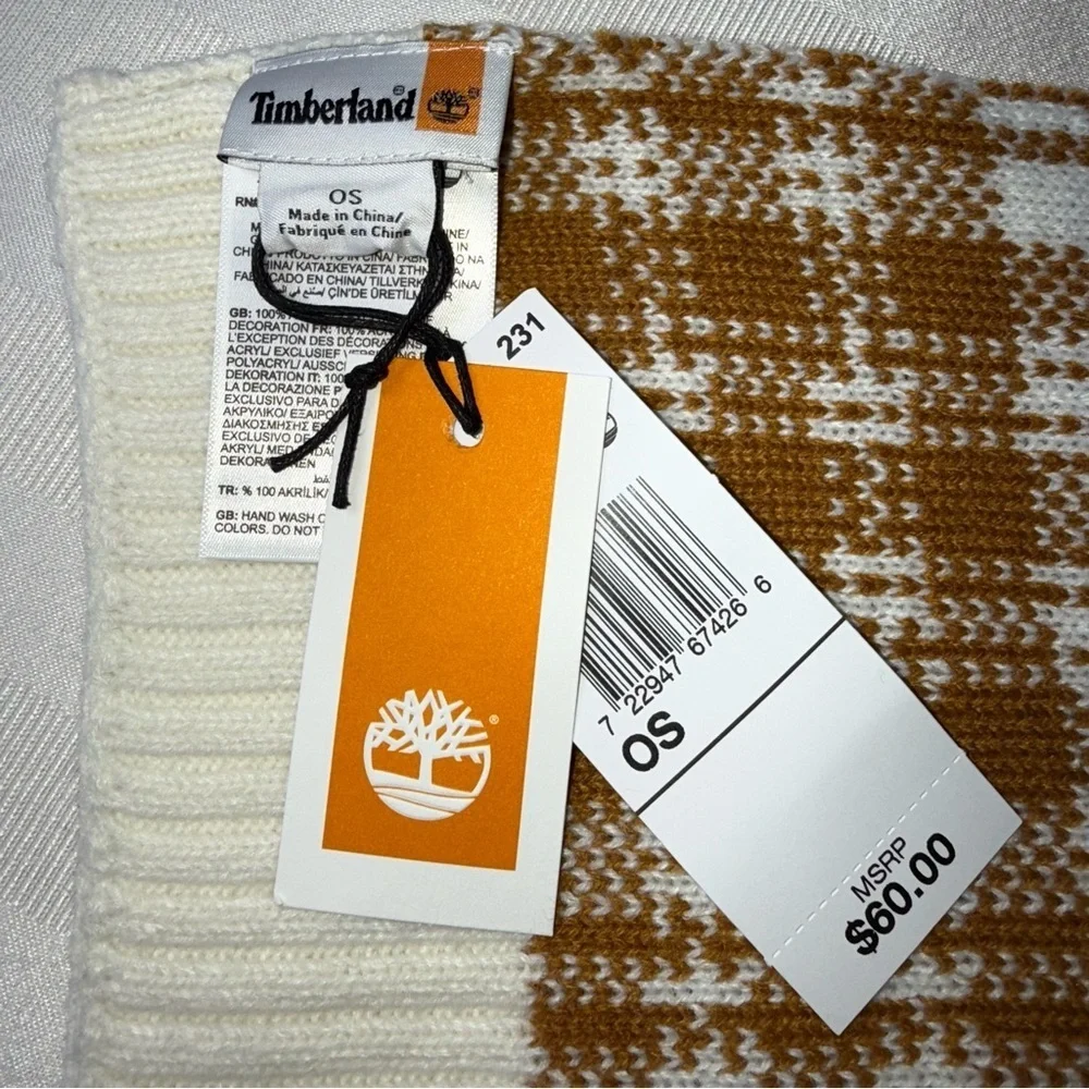 Timberland Brown and Cream Checkered Scarf NWT 64”X 10”